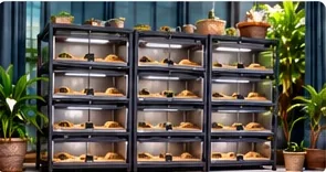 The observation rack: five rows of enclosures with sand substrate and plants